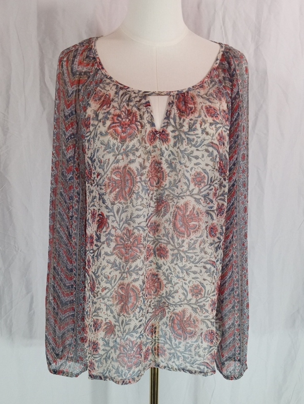 Lucky Brand Sheer Floral Boho Blouse in Cream & Rust Size XL
